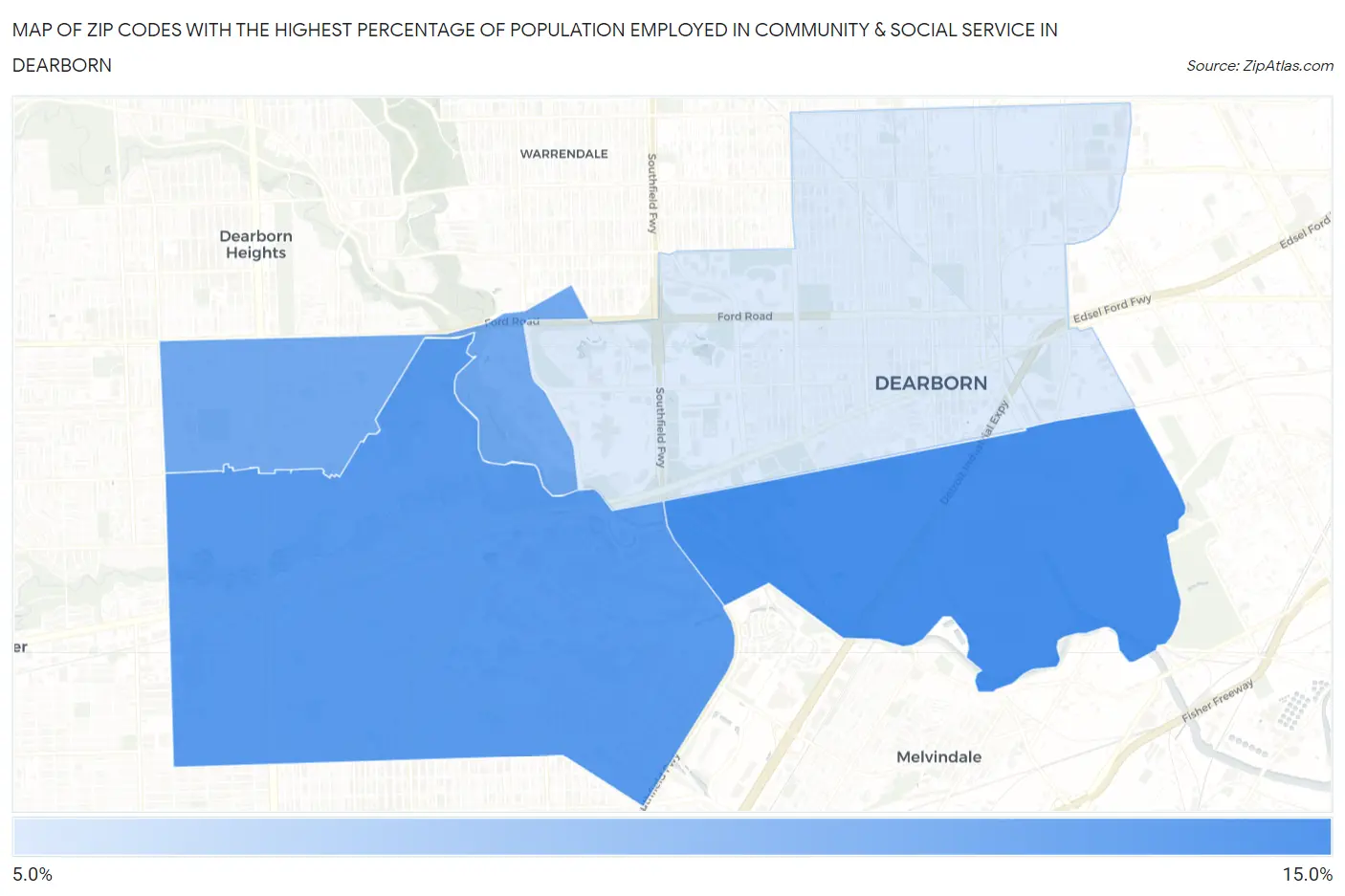Zip Codes with the Highest Percentage of Population Employed in Community & Social Service  in Dearborn Map