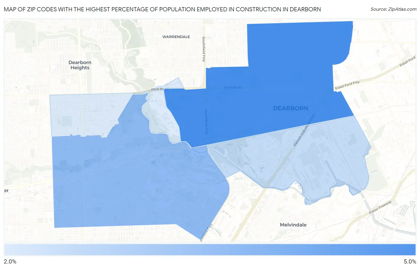 Zip Codes with the Highest Percentage of Population Employed in Construction in Dearborn Map