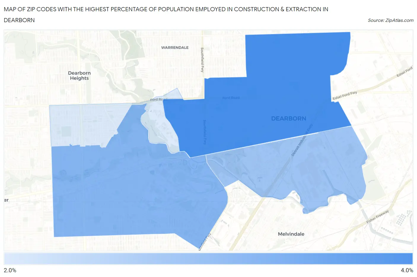 Zip Codes with the Highest Percentage of Population Employed in Construction & Extraction in Dearborn Map