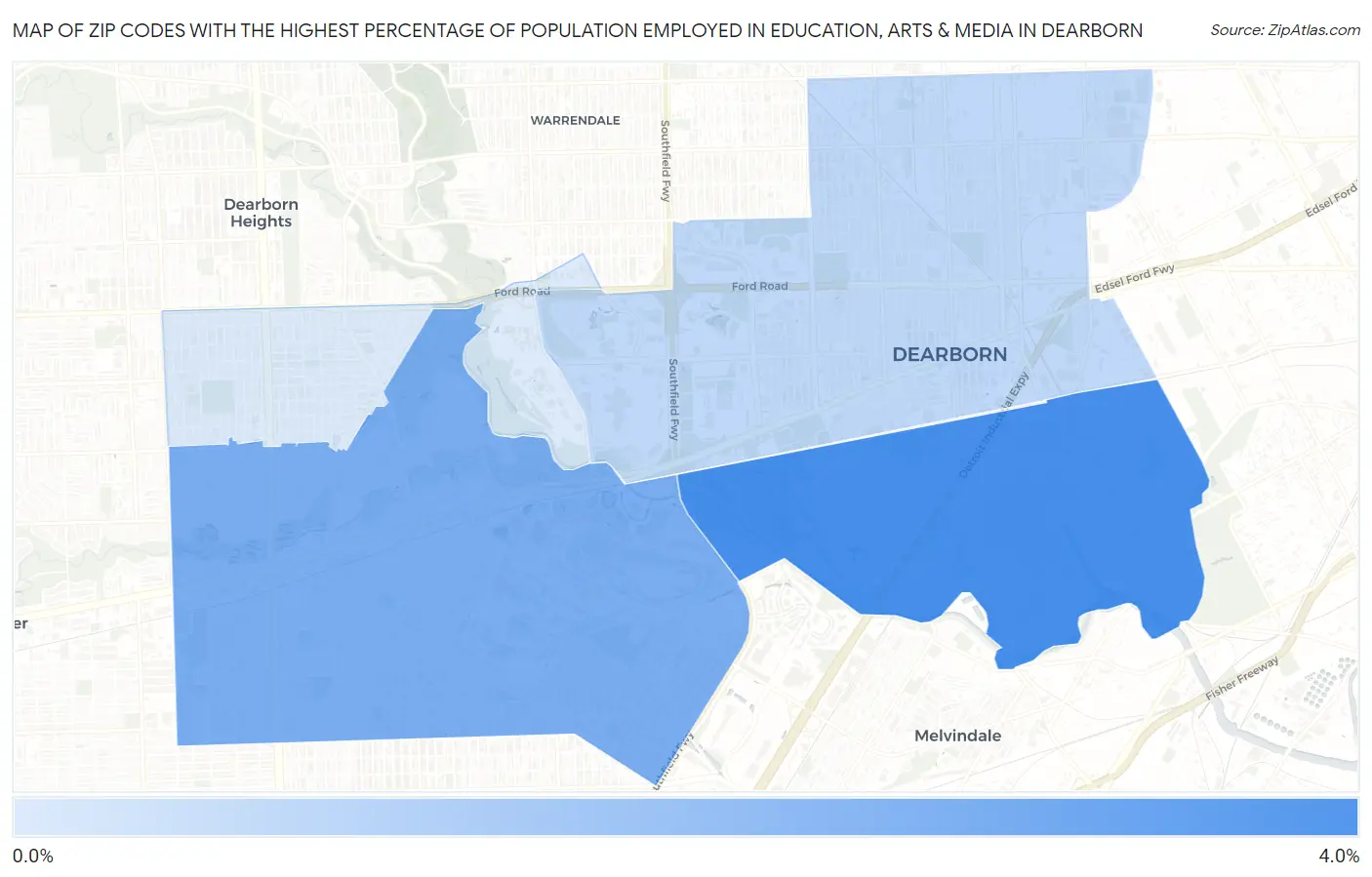 Zip Codes with the Highest Percentage of Population Employed in Education, Arts & Media in Dearborn Map