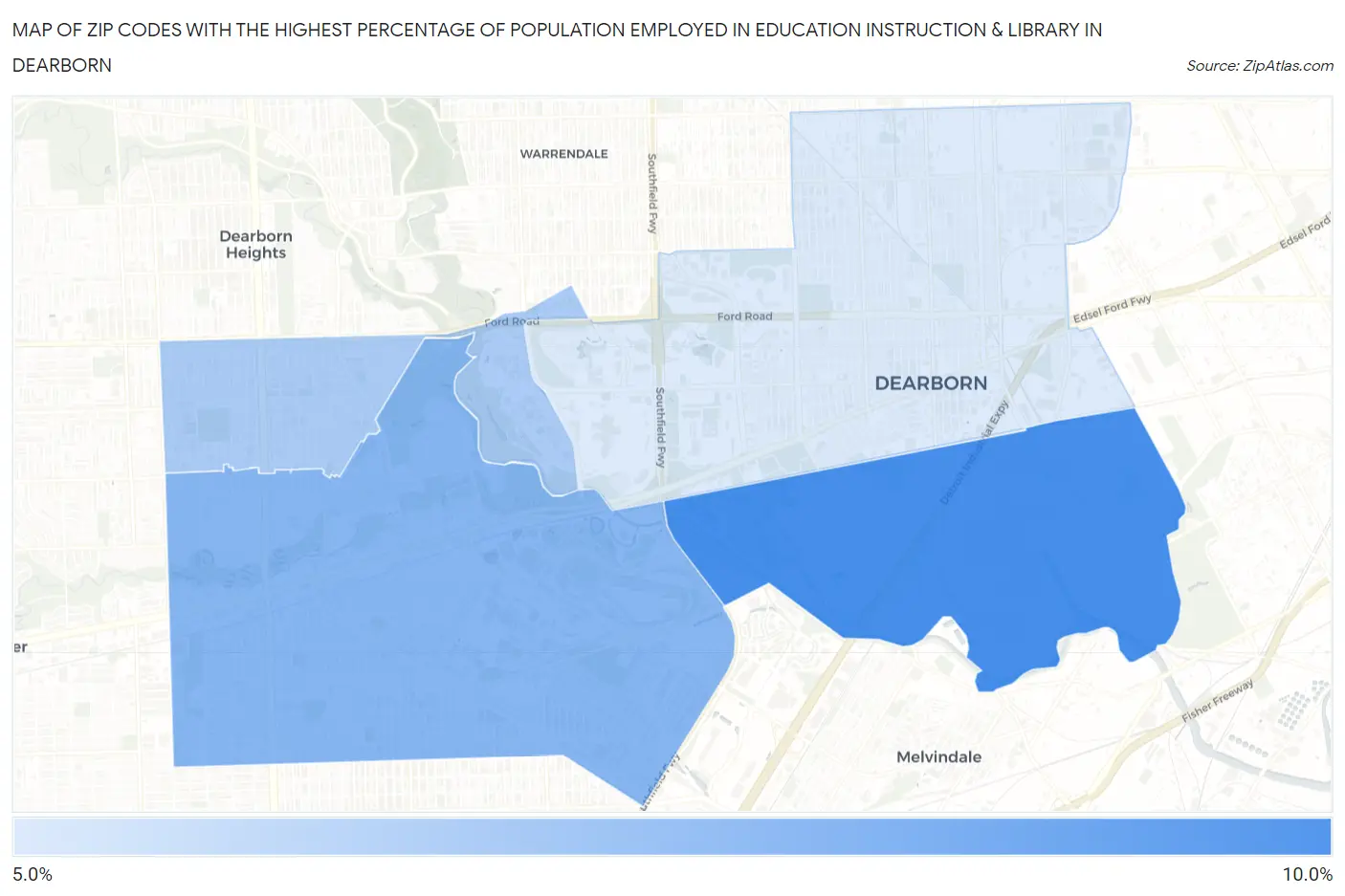 Zip Codes with the Highest Percentage of Population Employed in Education Instruction & Library in Dearborn Map