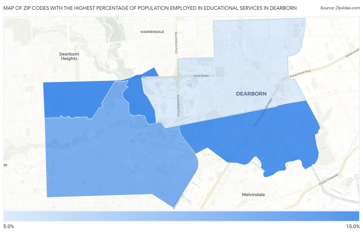 Zip Codes with the Highest Percentage of Population Employed in Educational Services in Dearborn Map