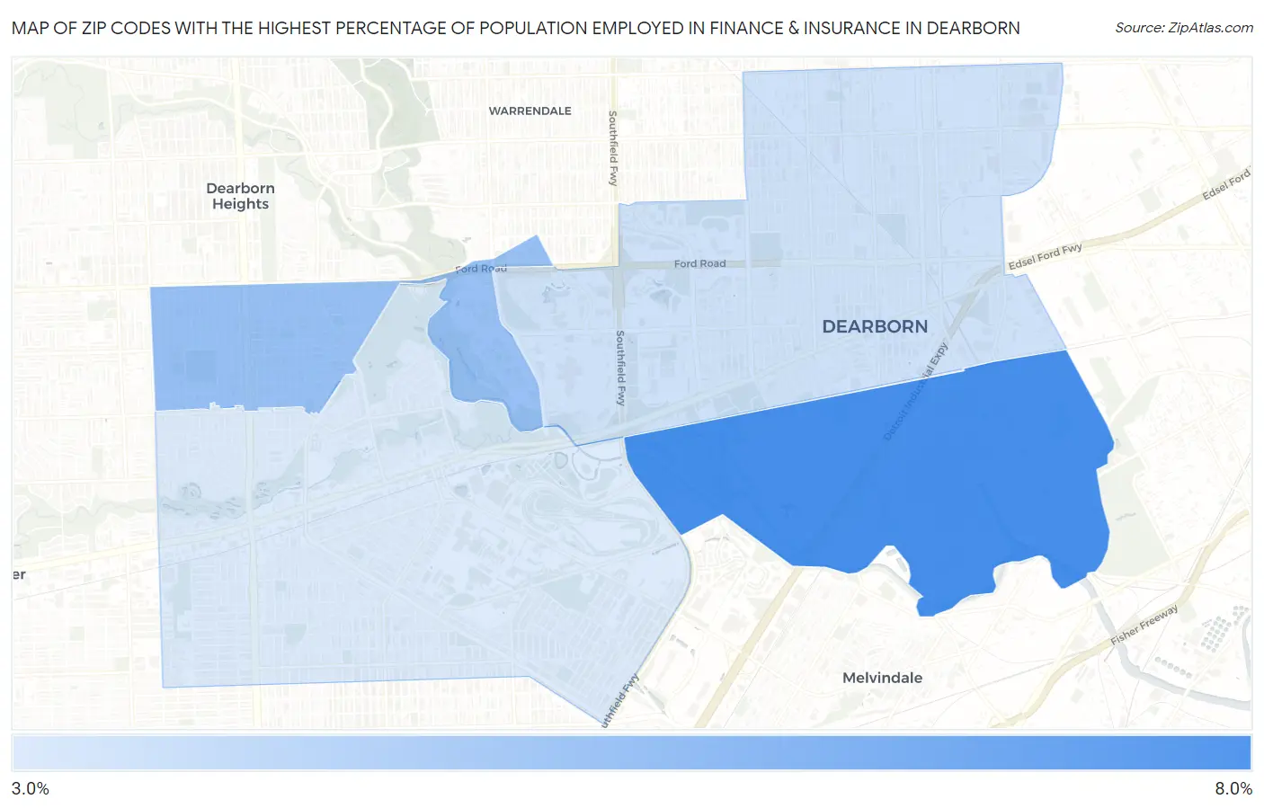 Zip Codes with the Highest Percentage of Population Employed in Finance & Insurance in Dearborn Map