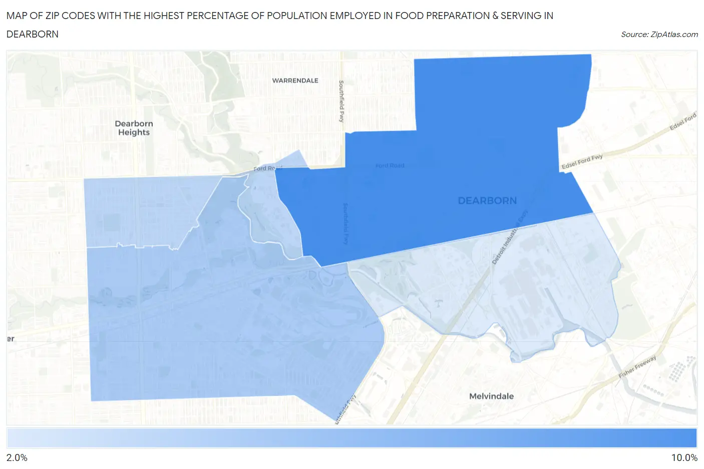Zip Codes with the Highest Percentage of Population Employed in Food Preparation & Serving in Dearborn Map
