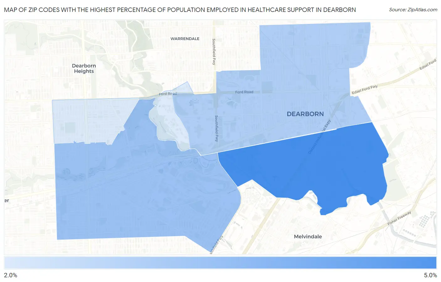 Zip Codes with the Highest Percentage of Population Employed in Healthcare Support in Dearborn Map