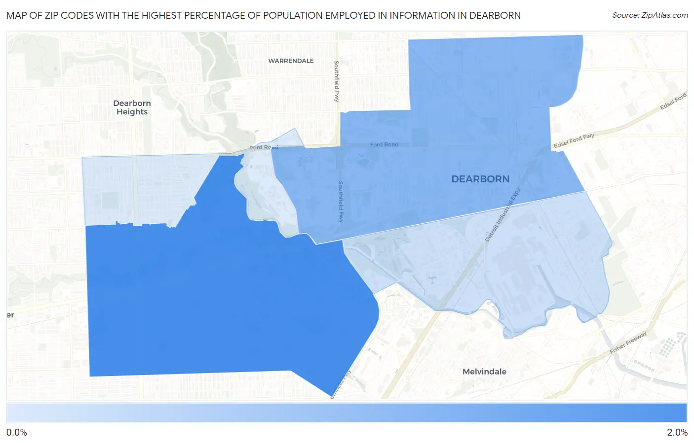 Zip Codes with the Highest Percentage of Population Employed in Information in Dearborn Map