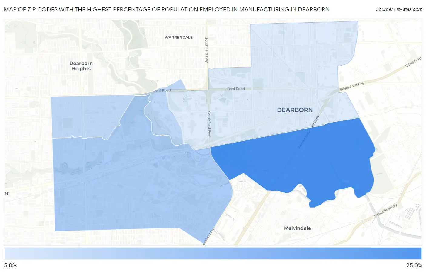 Zip Codes with the Highest Percentage of Population Employed in Manufacturing in Dearborn Map