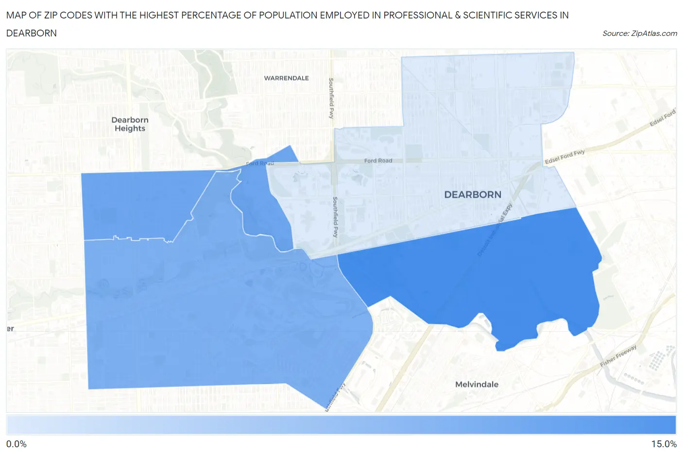 Zip Codes with the Highest Percentage of Population Employed in Professional & Scientific Services in Dearborn Map
