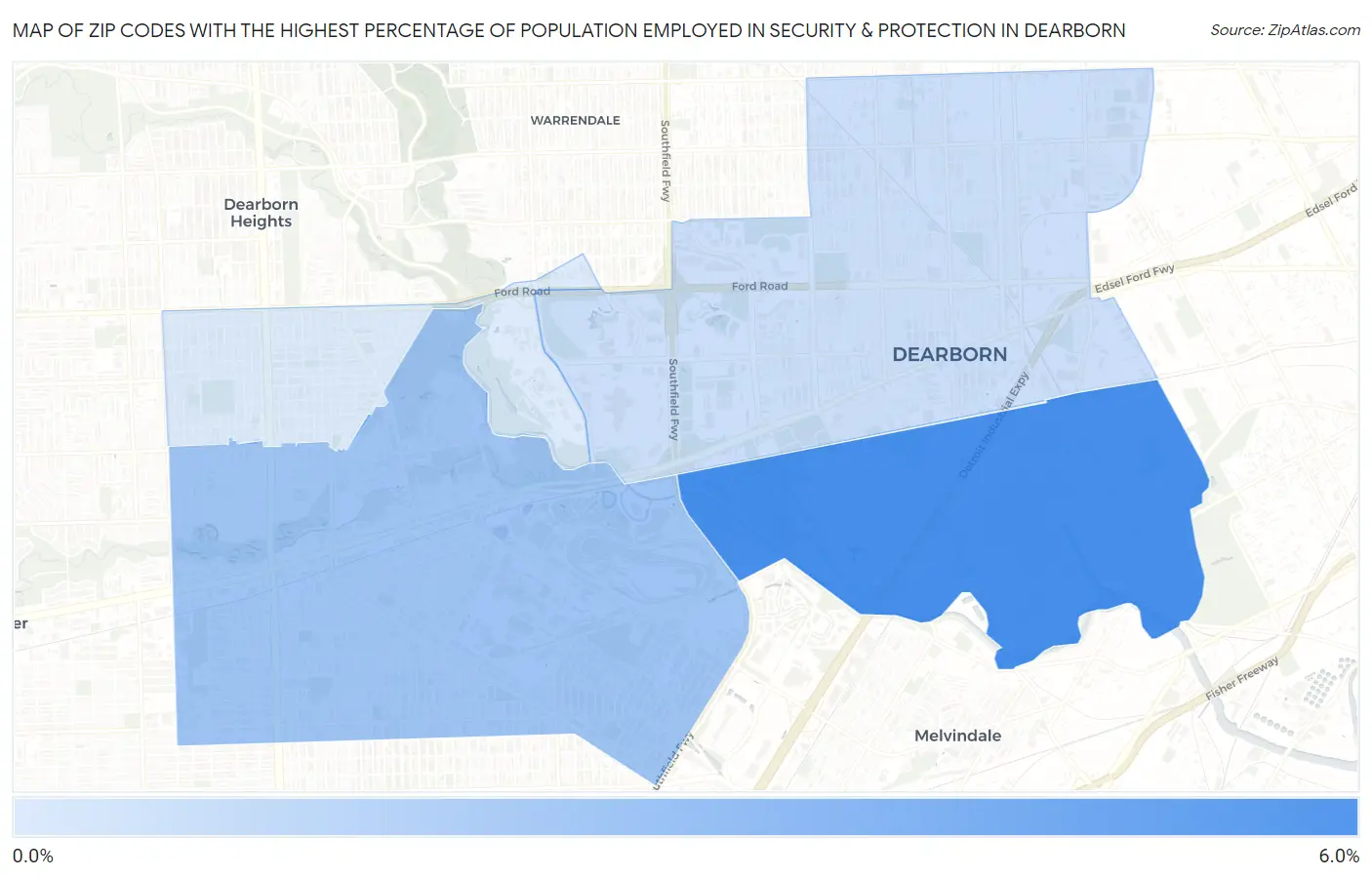 Zip Codes with the Highest Percentage of Population Employed in Security & Protection in Dearborn Map
