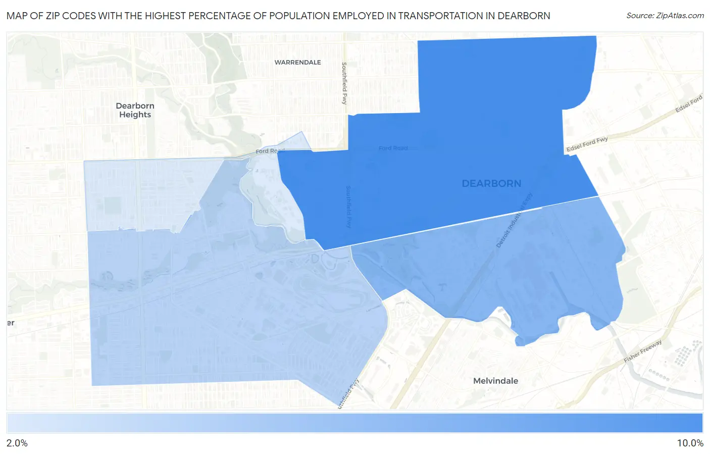 Zip Codes with the Highest Percentage of Population Employed in Transportation in Dearborn Map