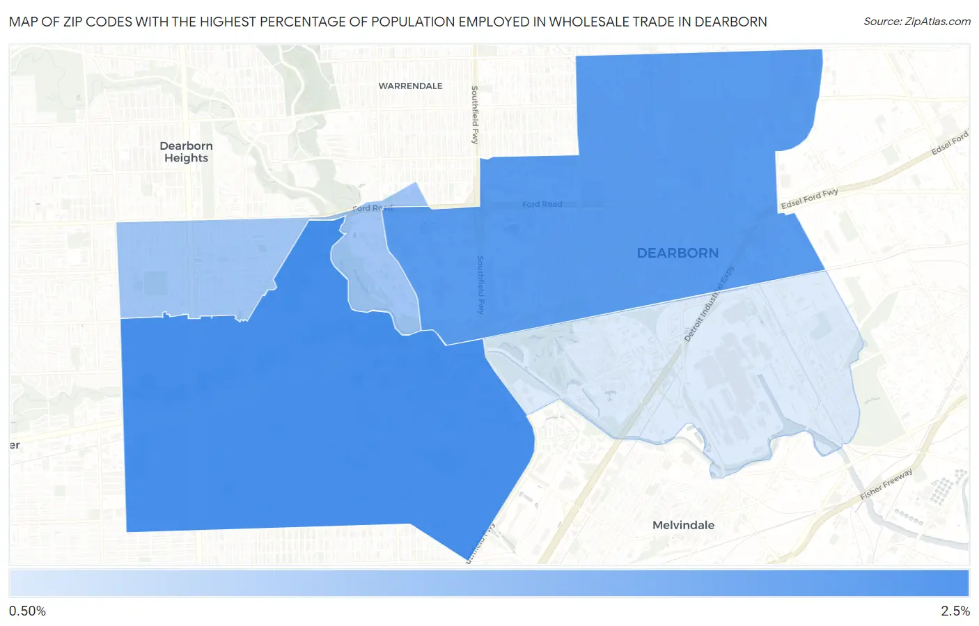 Zip Codes with the Highest Percentage of Population Employed in Wholesale Trade in Dearborn Map