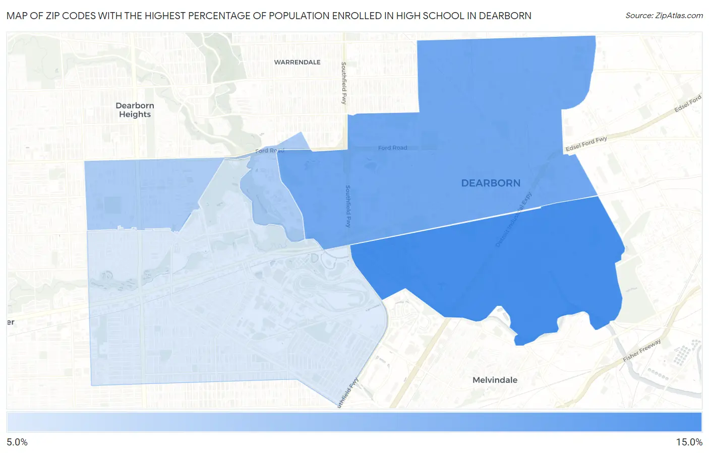 Zip Codes with the Highest Percentage of Population Enrolled in High School in Dearborn Map