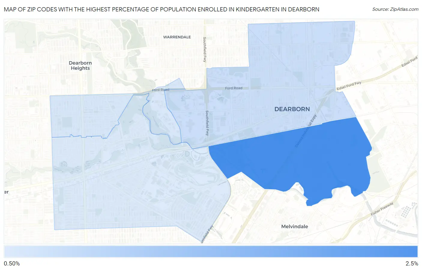Zip Codes with the Highest Percentage of Population Enrolled in Kindergarten in Dearborn Map
