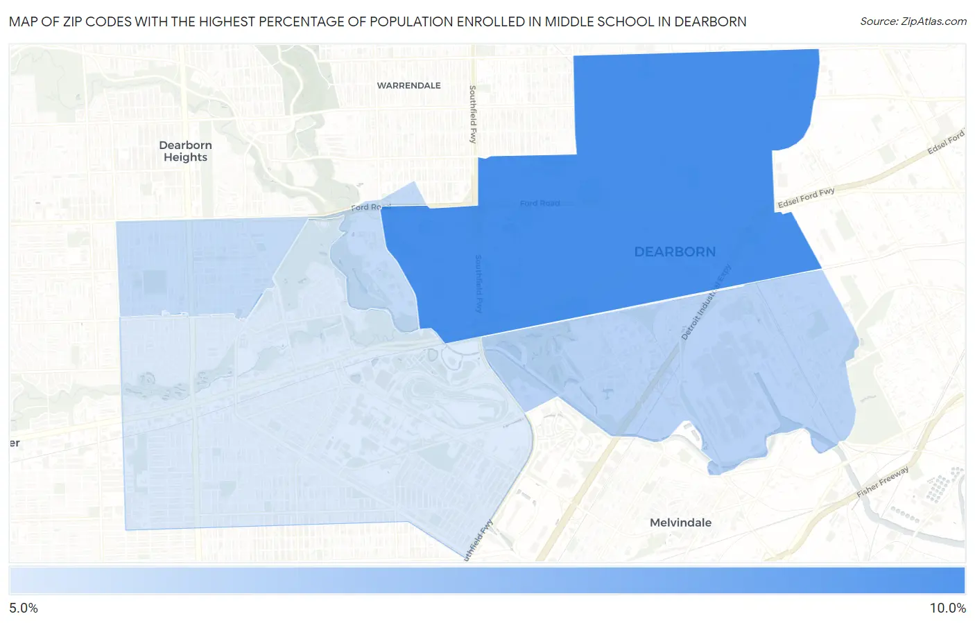 Zip Codes with the Highest Percentage of Population Enrolled in Middle School in Dearborn Map