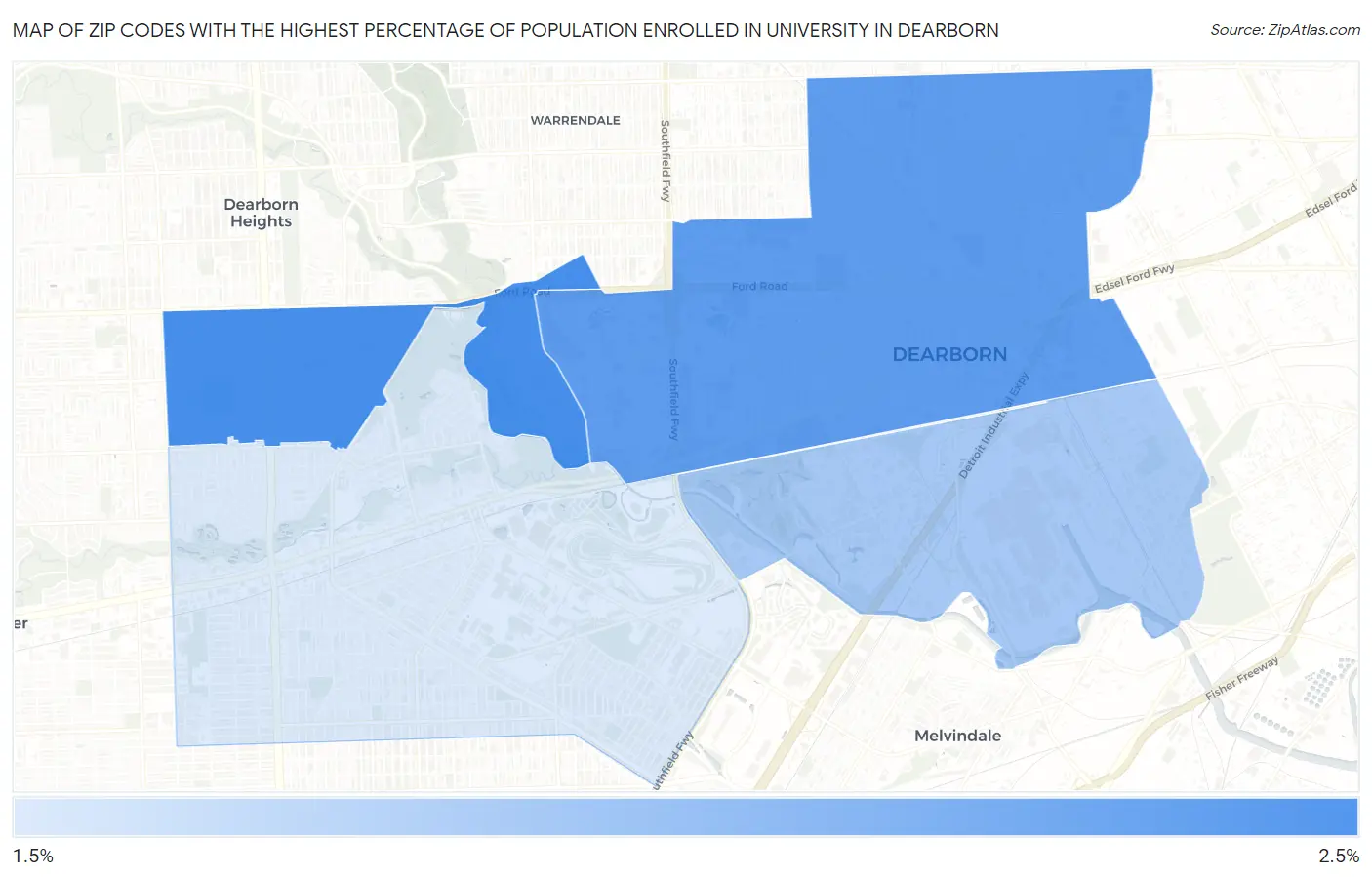 Zip Codes with the Highest Percentage of Population Enrolled in University in Dearborn Map