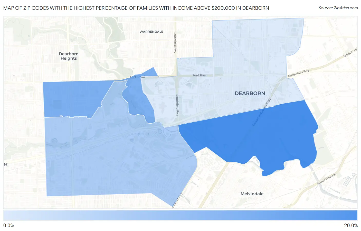 Zip Codes with the Highest Percentage of Families with Income Above $200,000 in Dearborn Map
