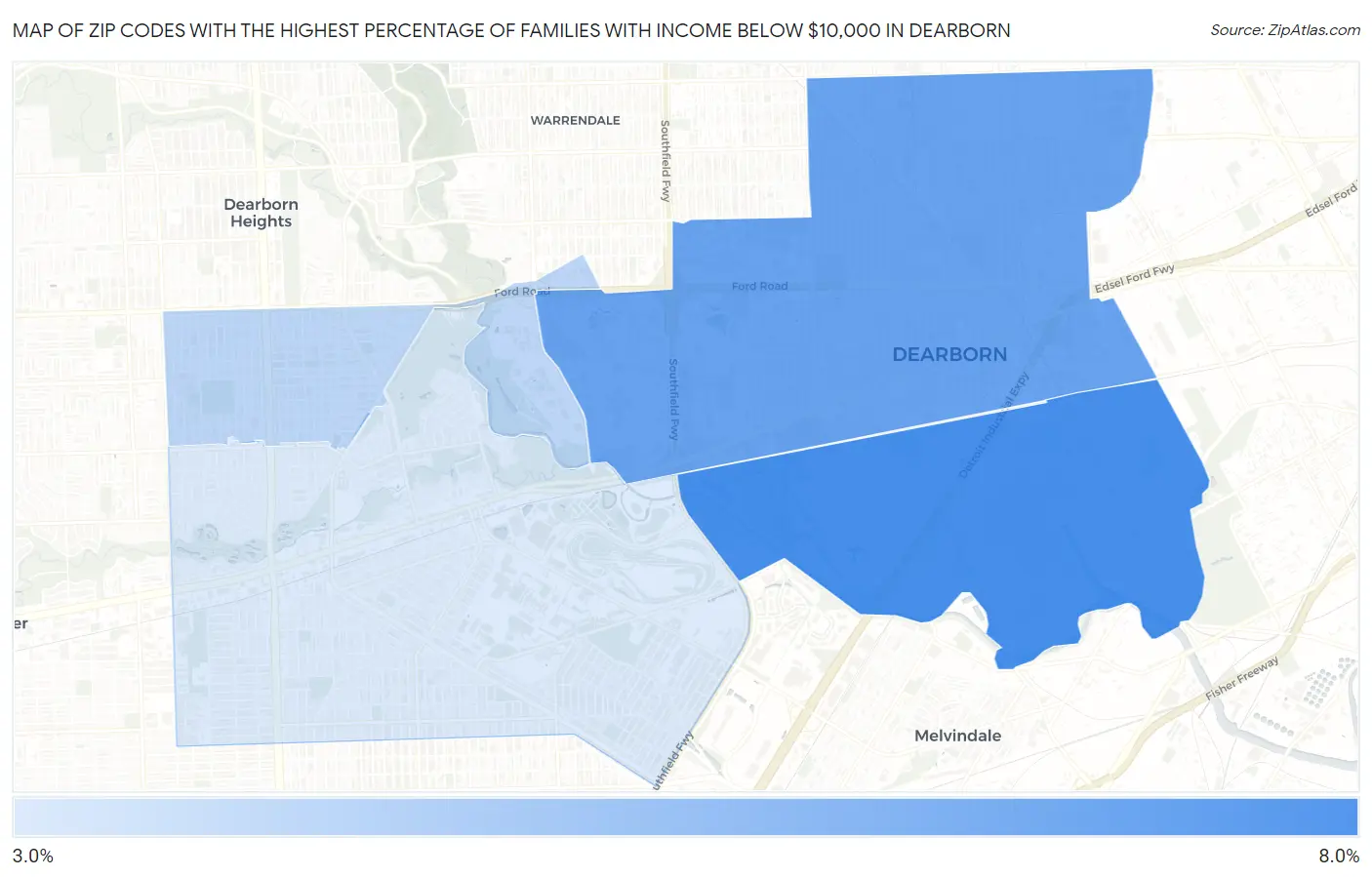 Zip Codes with the Highest Percentage of Families with Income Below $10,000 in Dearborn Map