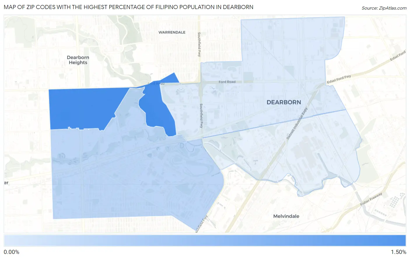 Zip Codes with the Highest Percentage of Filipino Population in Dearborn Map