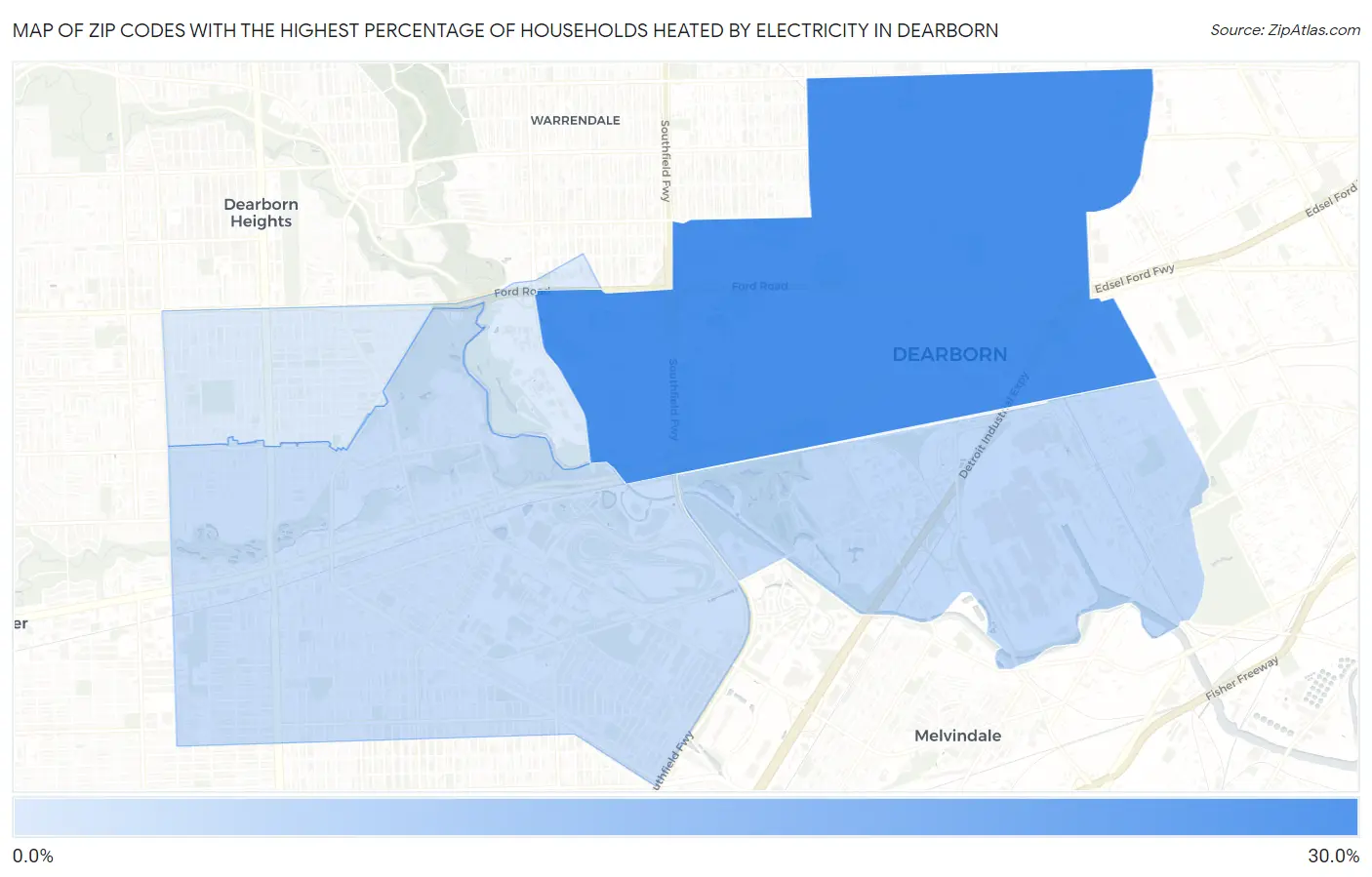 Zip Codes with the Highest Percentage of Households Heated by Electricity in Dearborn Map