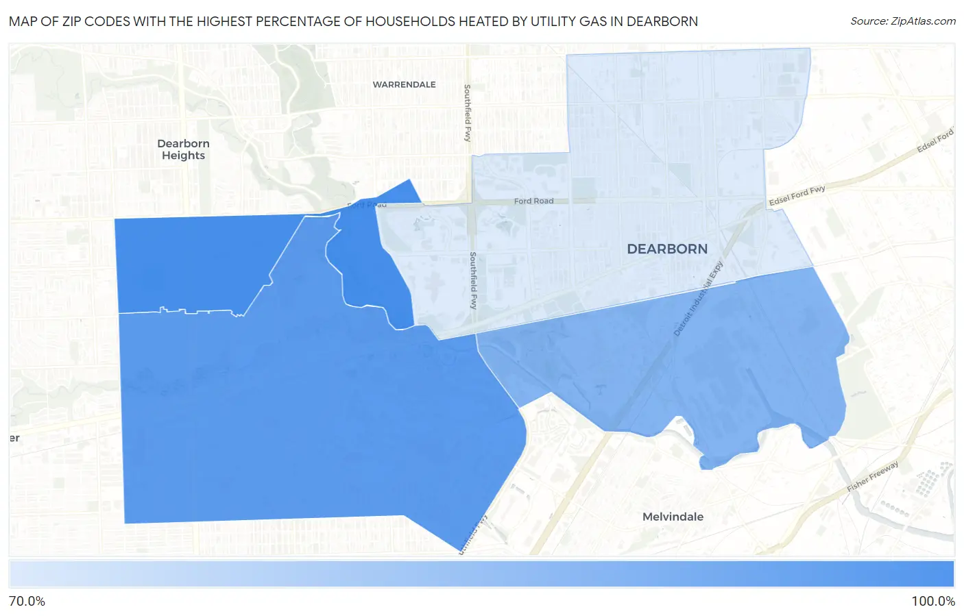 Zip Codes with the Highest Percentage of Households Heated by Utility Gas in Dearborn Map