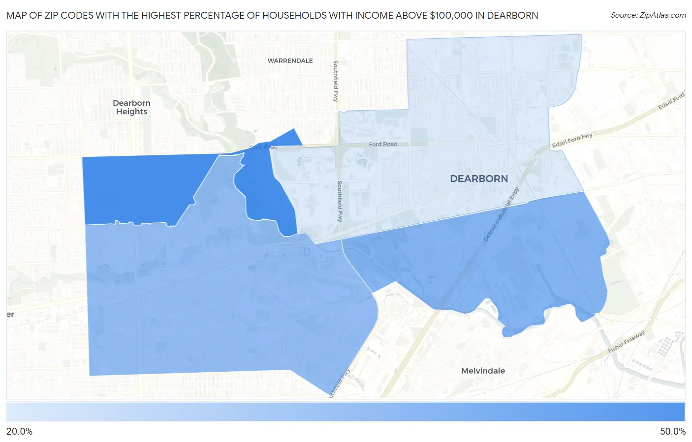 Zip Codes with the Highest Percentage of Households with Income Above $100,000 in Dearborn Map