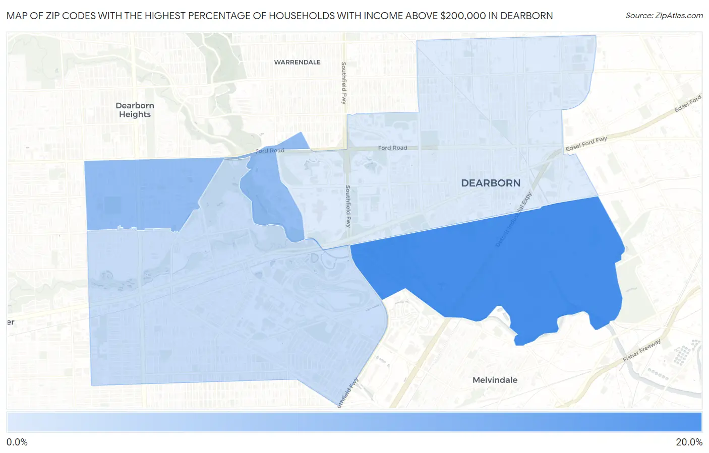 Zip Codes with the Highest Percentage of Households with Income Above $200,000 in Dearborn Map
