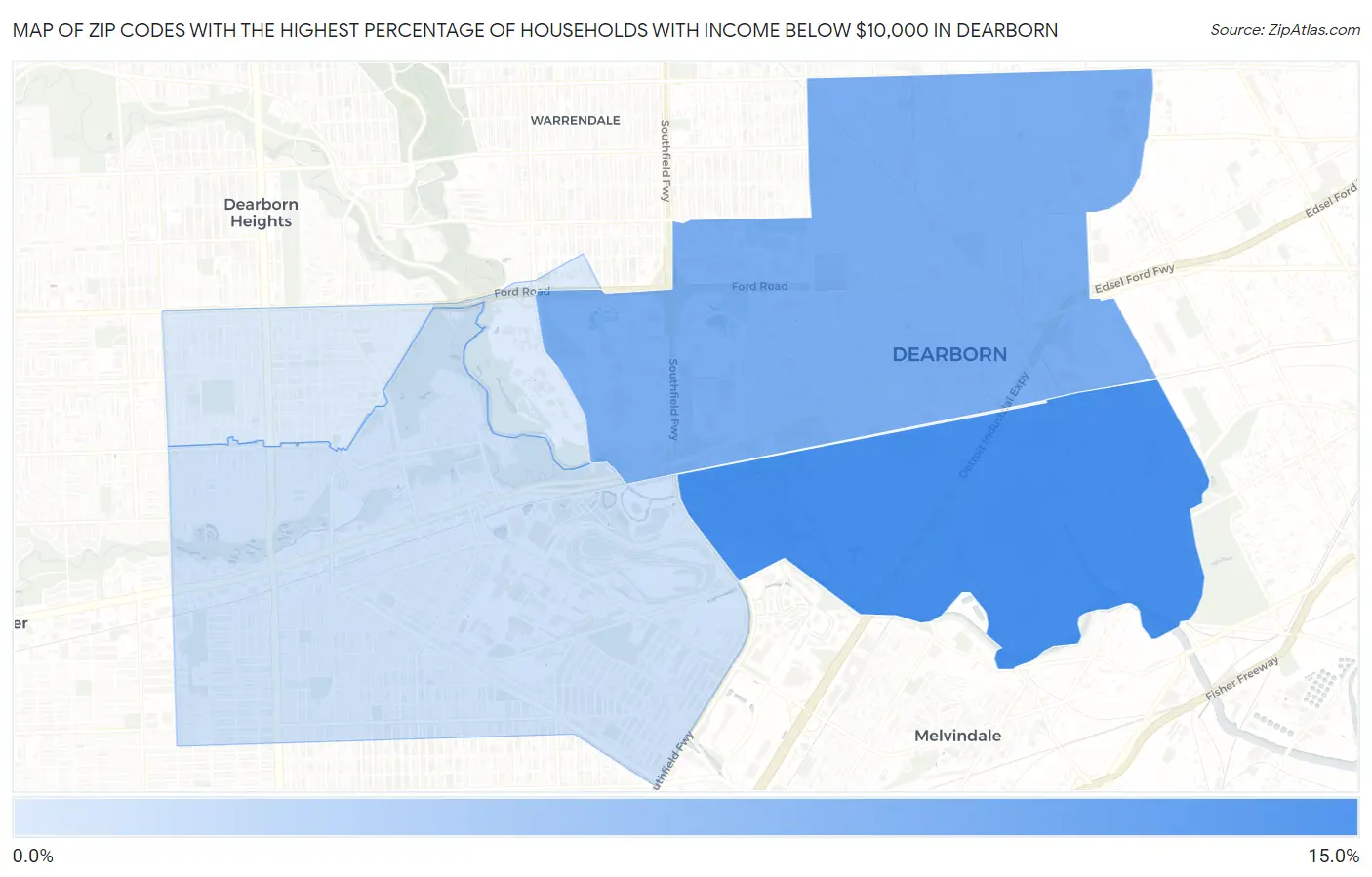Zip Codes with the Highest Percentage of Households with Income Below $10,000 in Dearborn Map