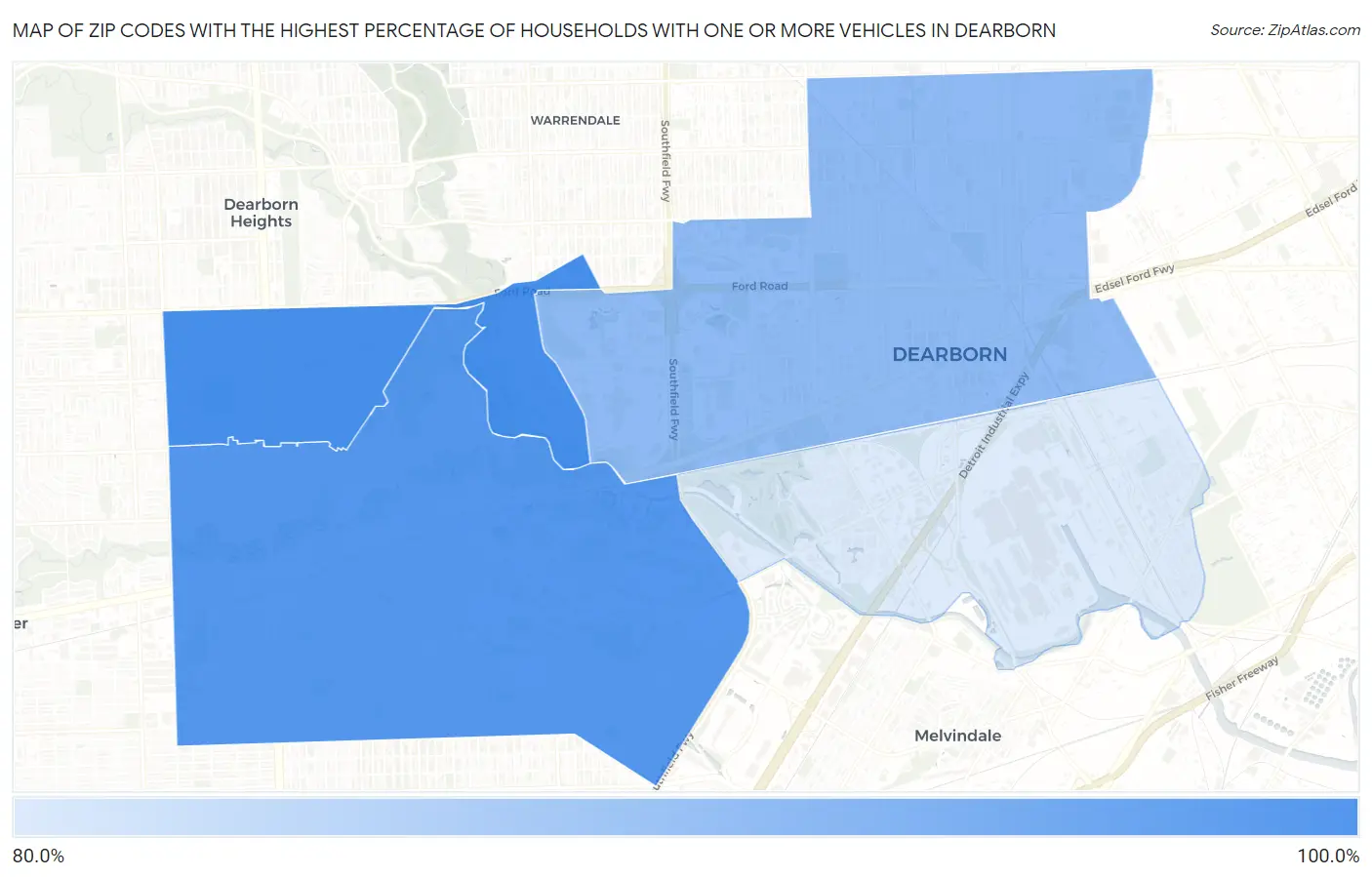 Zip Codes with the Highest Percentage of Households With One or more Vehicles in Dearborn Map