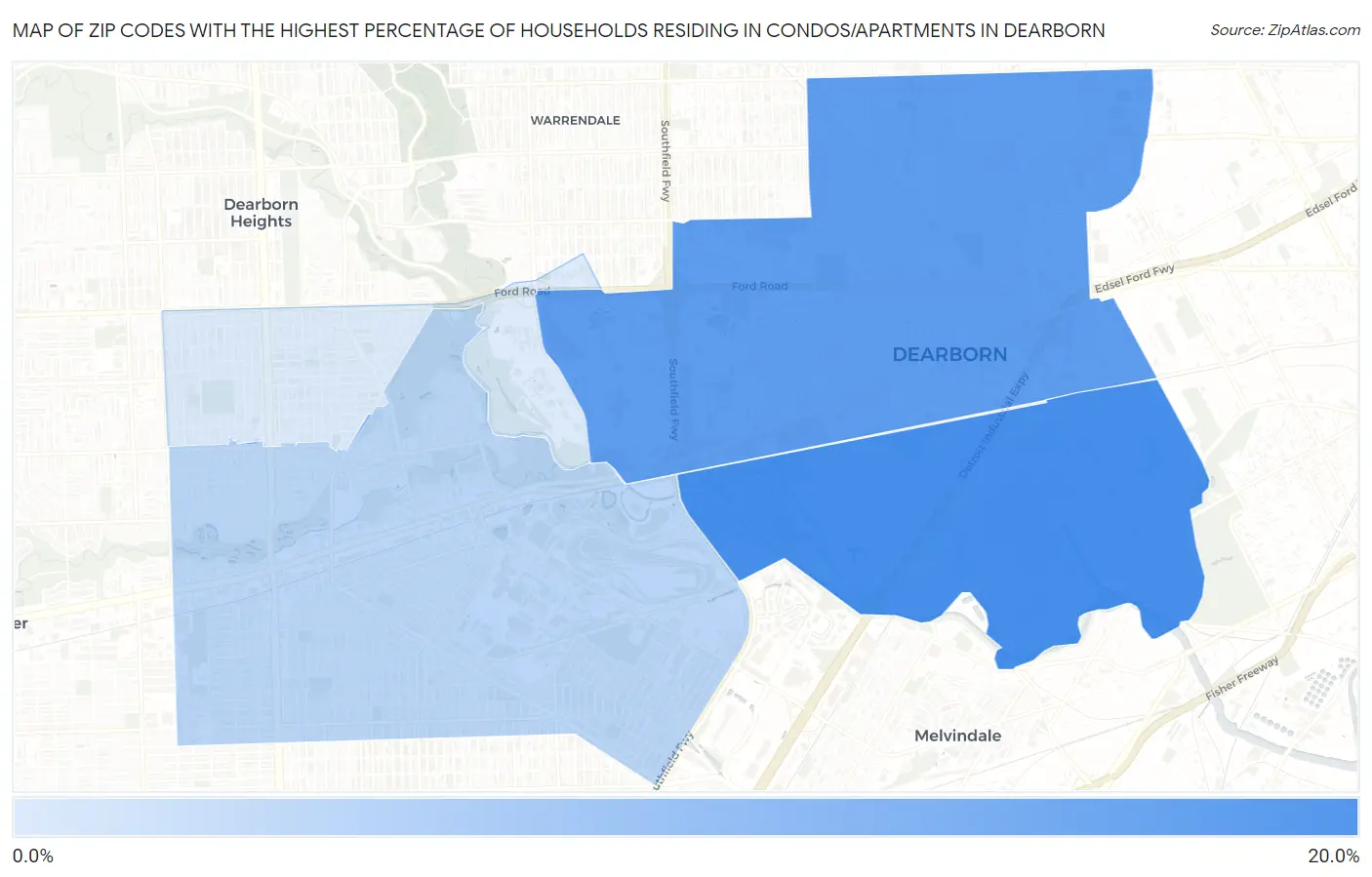Zip Codes with the Highest Percentage of Households Residing in Condos/Apartments in Dearborn Map