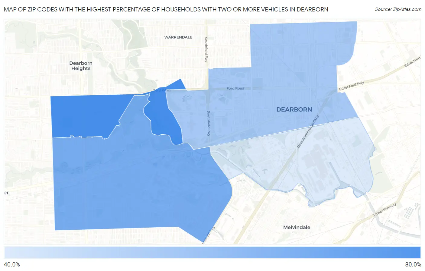 Zip Codes with the Highest Percentage of Households With Two or more Vehicles in Dearborn Map