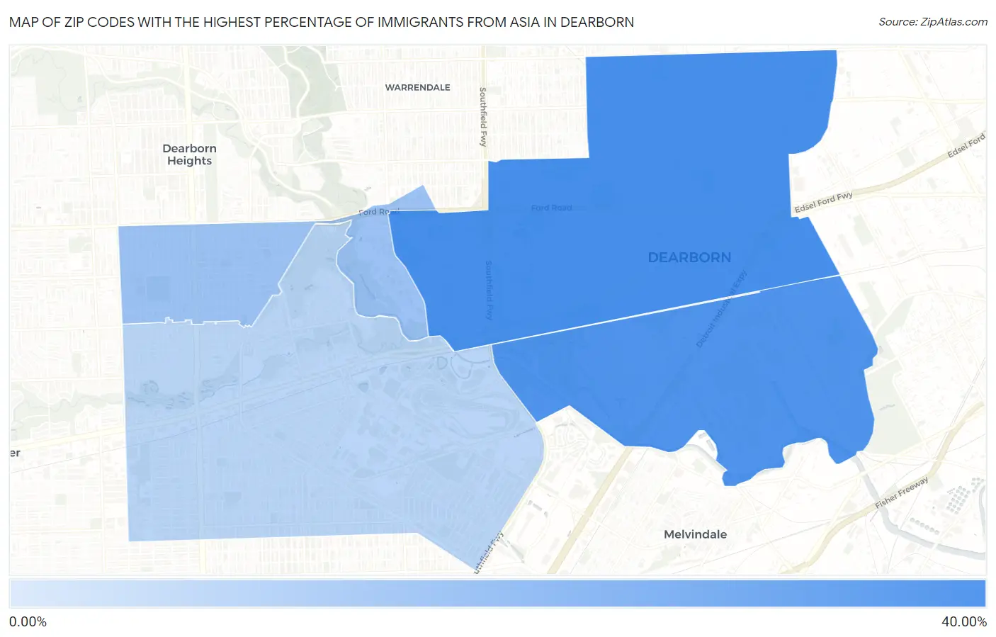 Zip Codes with the Highest Percentage of Immigrants from Asia in Dearborn Map