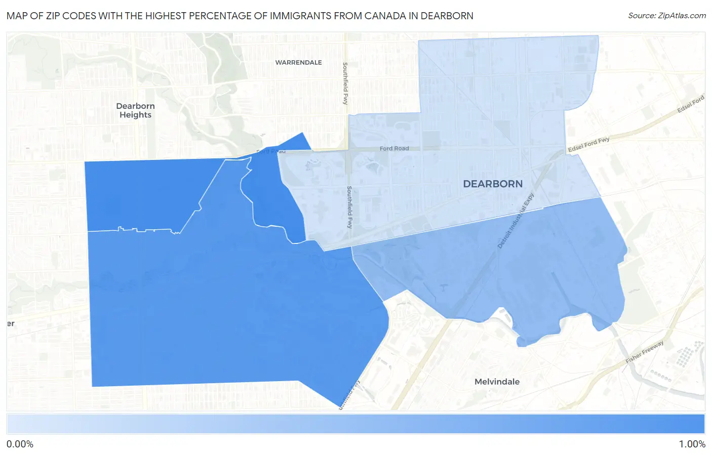 Zip Codes with the Highest Percentage of Immigrants from Canada in Dearborn Map