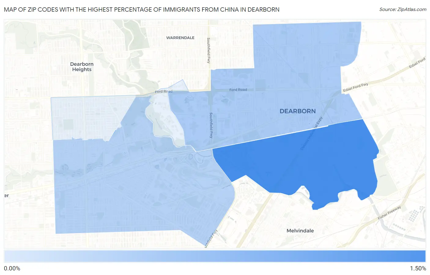 Zip Codes with the Highest Percentage of Immigrants from China in Dearborn Map