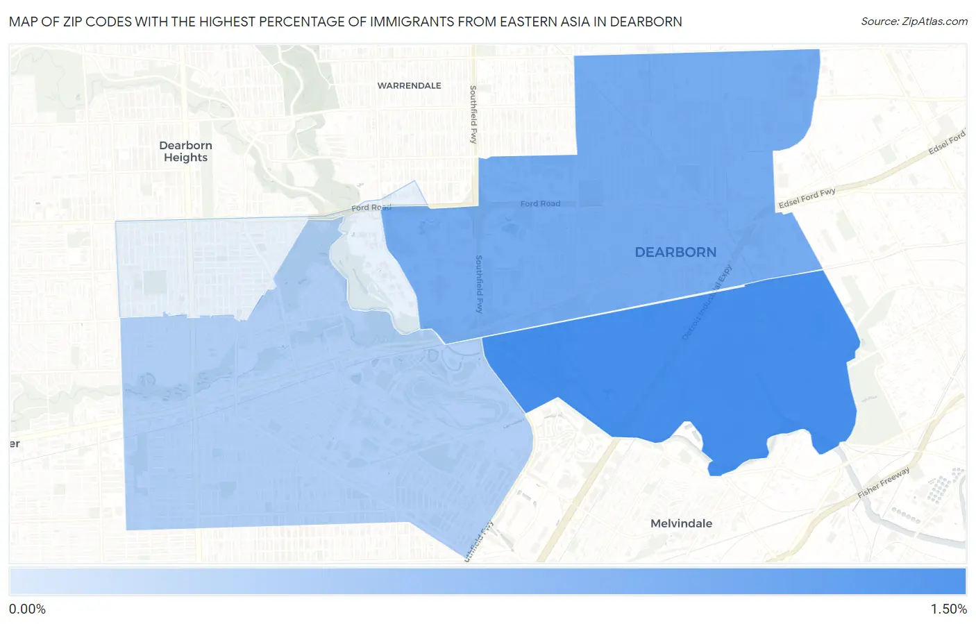Zip Codes with the Highest Percentage of Immigrants from Eastern Asia in Dearborn Map