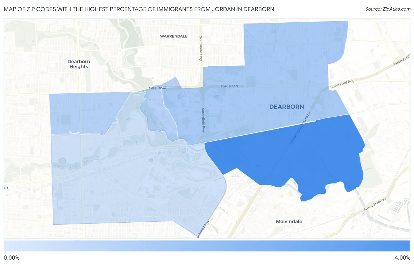 Zip Codes with the Highest Percentage of Immigrants from Jordan in Dearborn Map