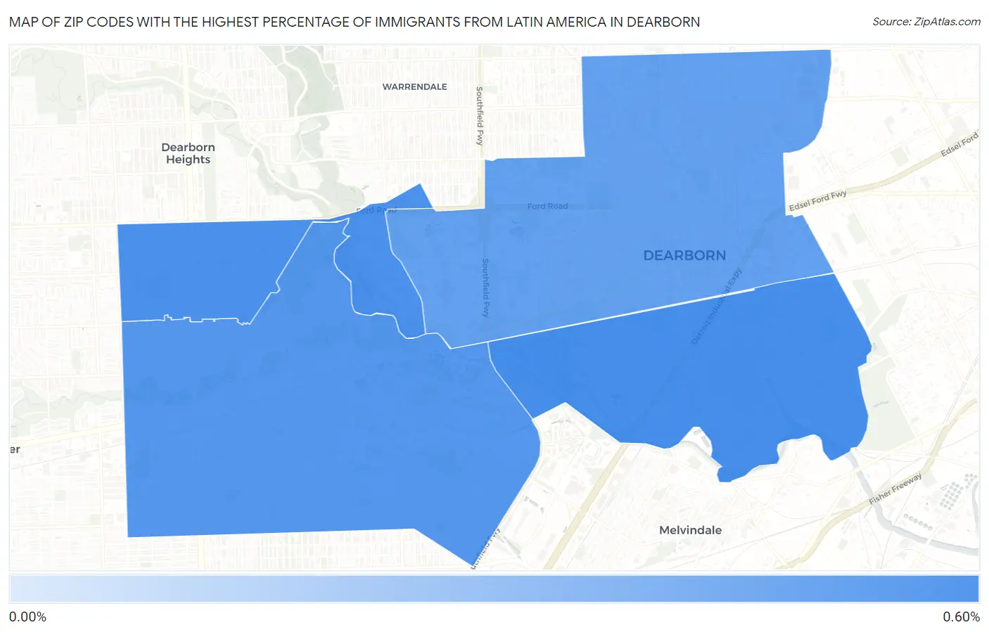 Zip Codes with the Highest Percentage of Immigrants from Latin America in Dearborn Map