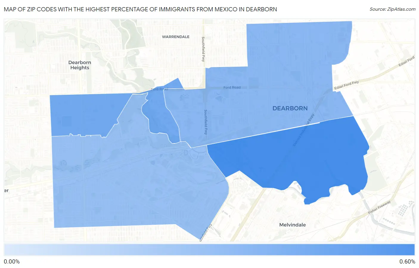 Zip Codes with the Highest Percentage of Immigrants from Mexico in Dearborn Map