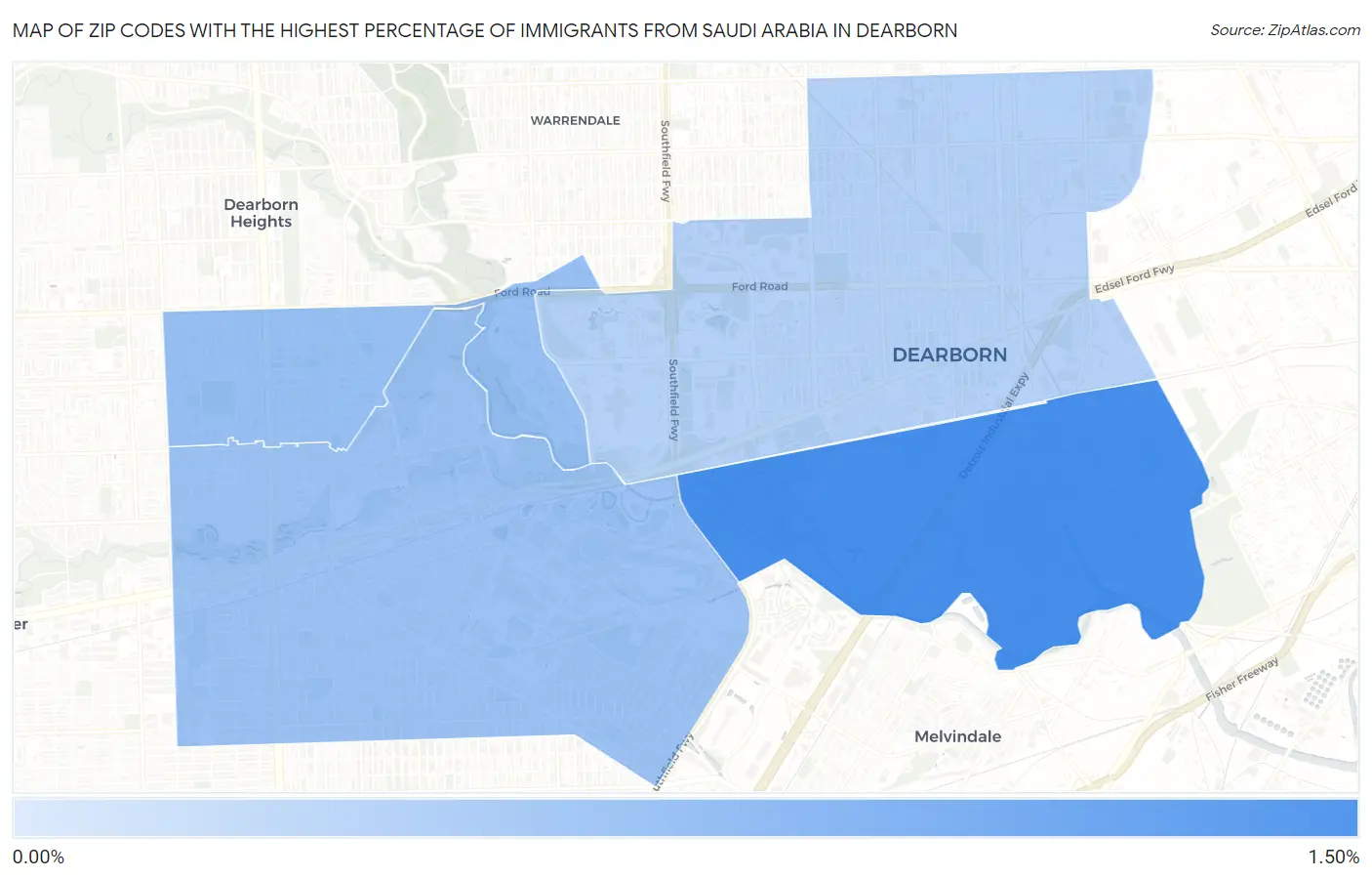 Zip Codes with the Highest Percentage of Immigrants from Saudi Arabia in Dearborn Map