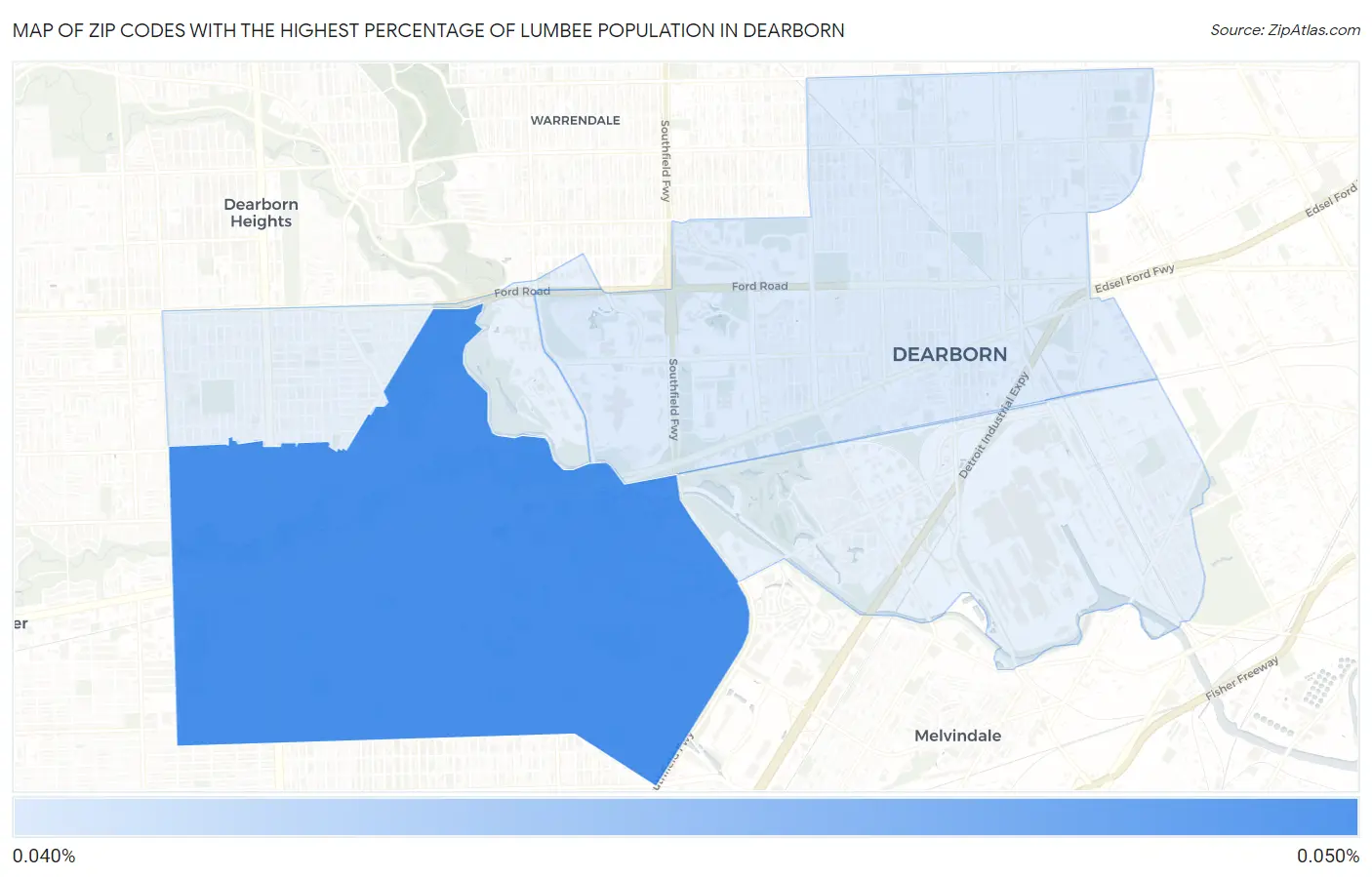 Zip Codes with the Highest Percentage of Lumbee Population in Dearborn Map