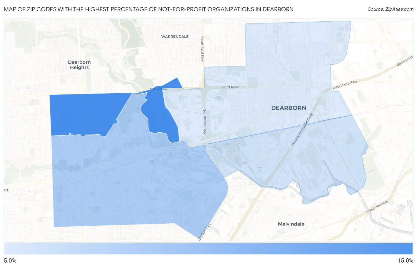 Zip Codes with the Highest Percentage of Not-for-profit Organizations in Dearborn Map