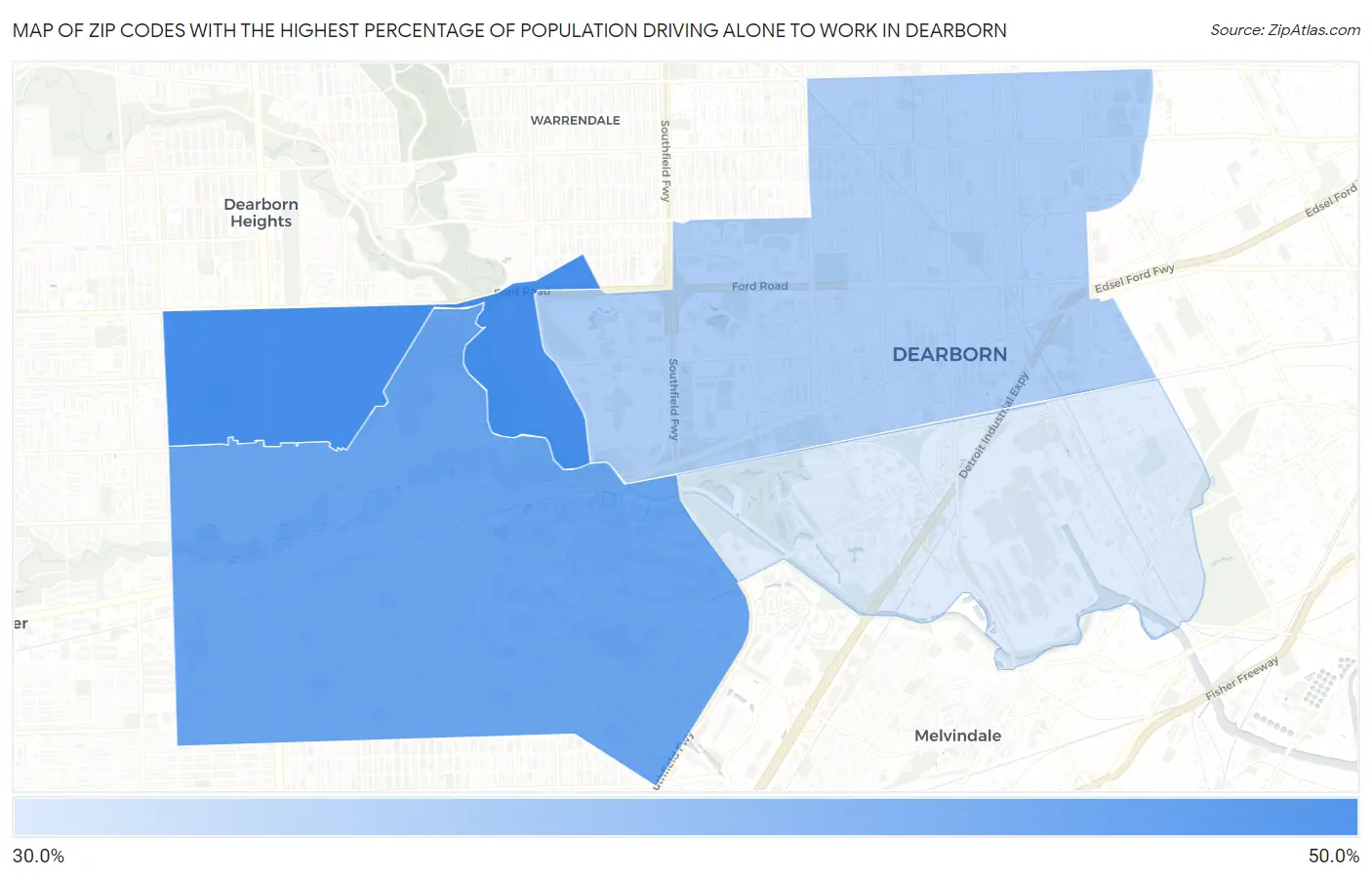 Zip Codes with the Highest Percentage of Population Driving Alone to Work in Dearborn Map
