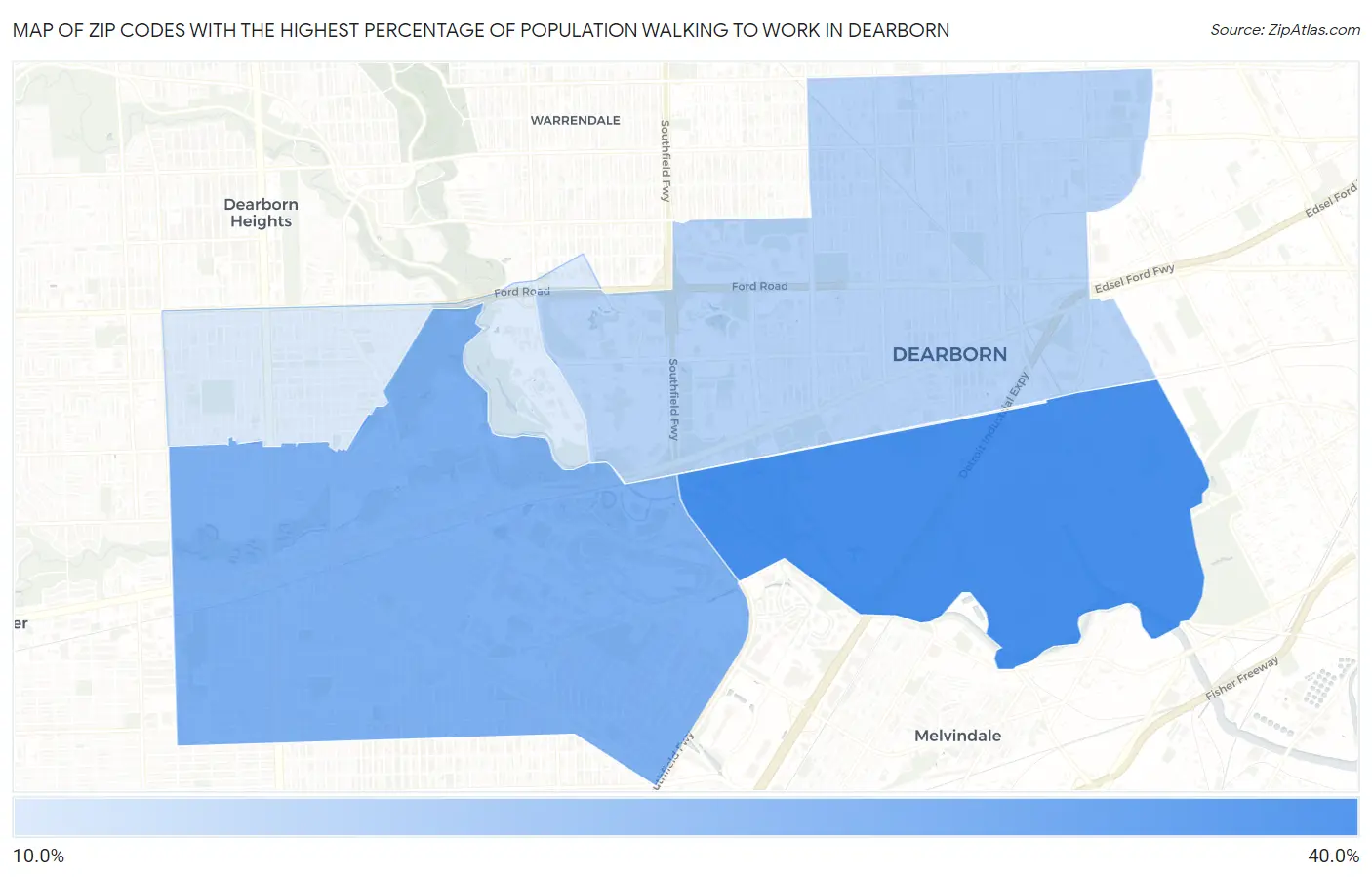 Zip Codes with the Highest Percentage of Population Walking to Work in Dearborn Map