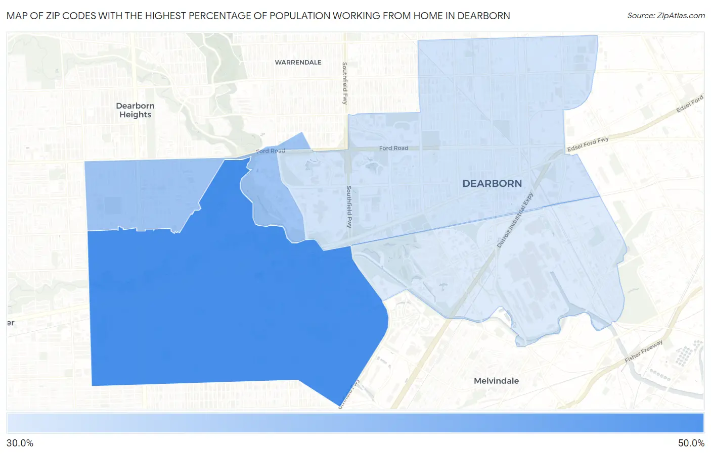 Zip Codes with the Highest Percentage of Population Working from Home in Dearborn Map