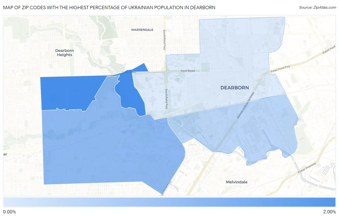 Zip Codes with the Highest Percentage of Ukrainian Population in Dearborn Map
