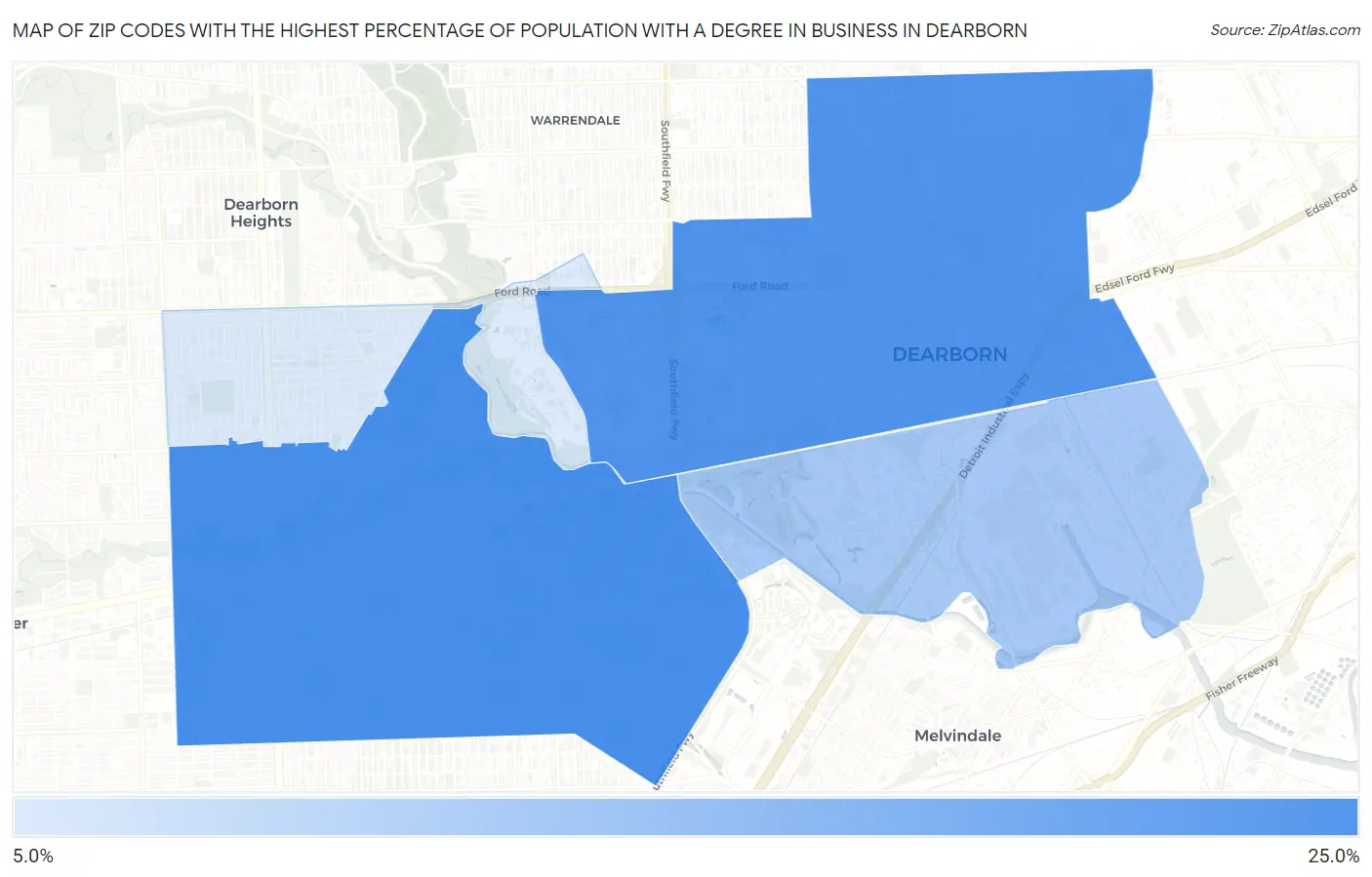 Zip Codes with the Highest Percentage of Population with a Degree in Business in Dearborn Map