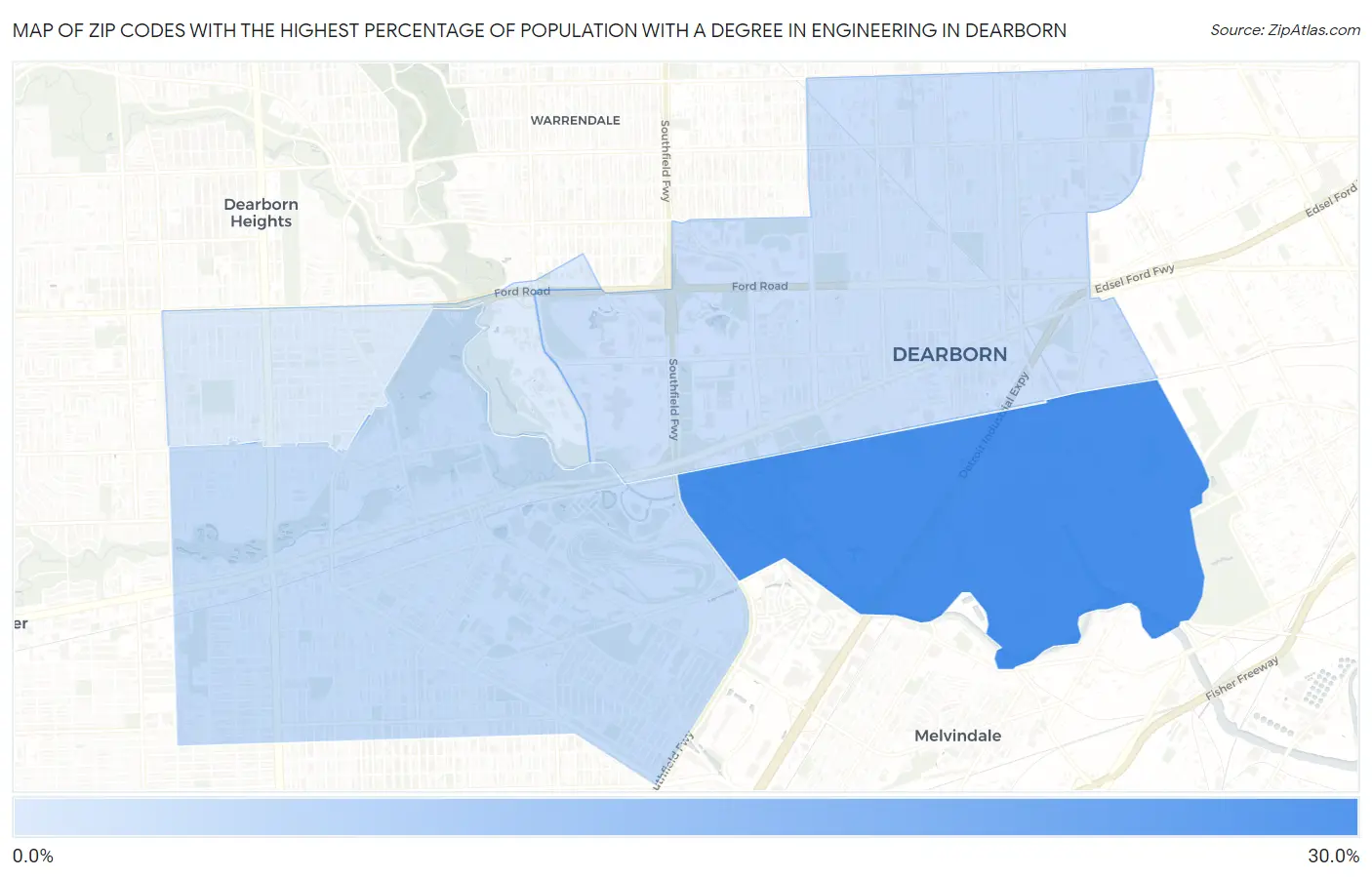 Zip Codes with the Highest Percentage of Population with a Degree in Engineering in Dearborn Map