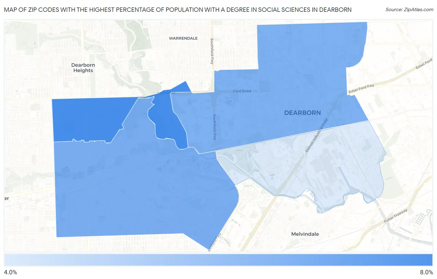 Zip Codes with the Highest Percentage of Population with a Degree in Social Sciences in Dearborn Map