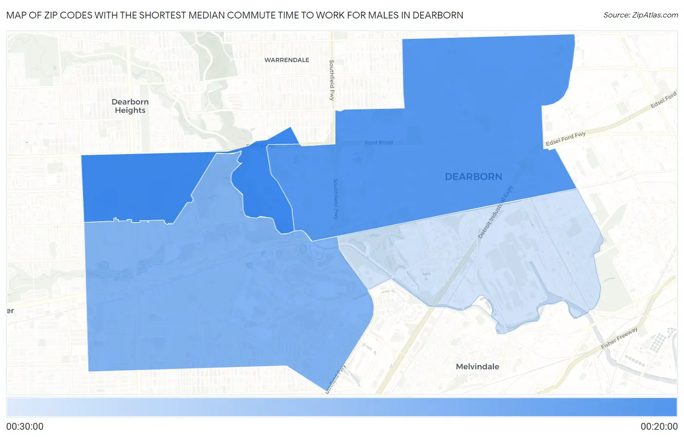 Zip Codes with the Shortest Median Commute Time to Work for Males in Dearborn Map