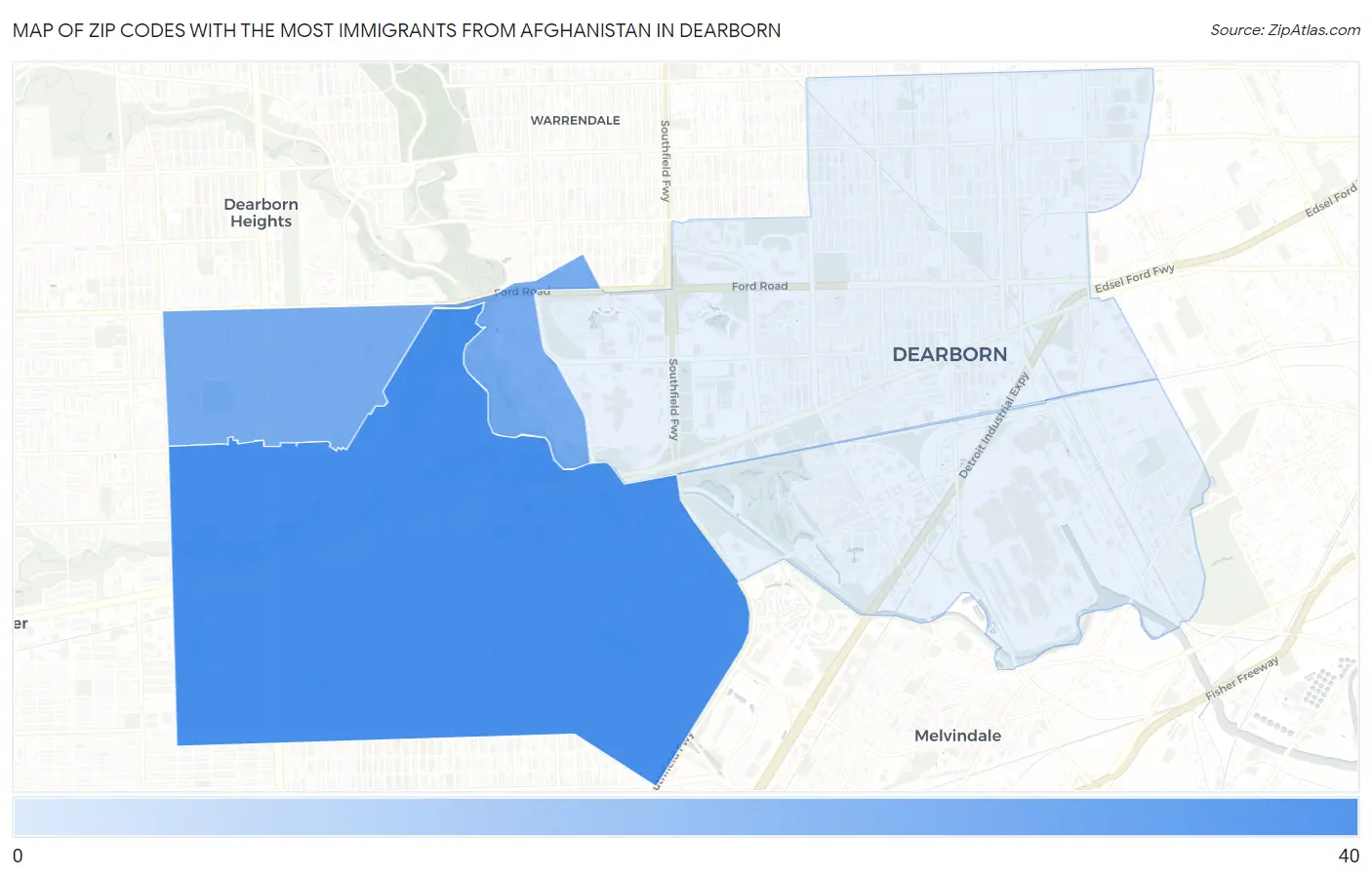 Zip Codes with the Most Immigrants from Afghanistan in Dearborn Map
