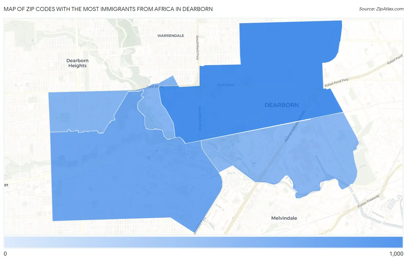 Zip Codes with the Most Immigrants from Africa in Dearborn Map